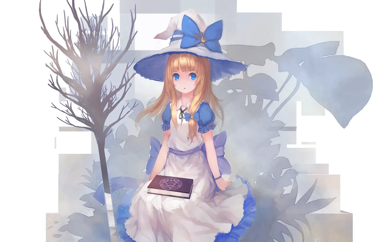Photo wallpaper hat, white background, book, blue eyes, bow, Alice in Wonderland, witch, Touhou Project