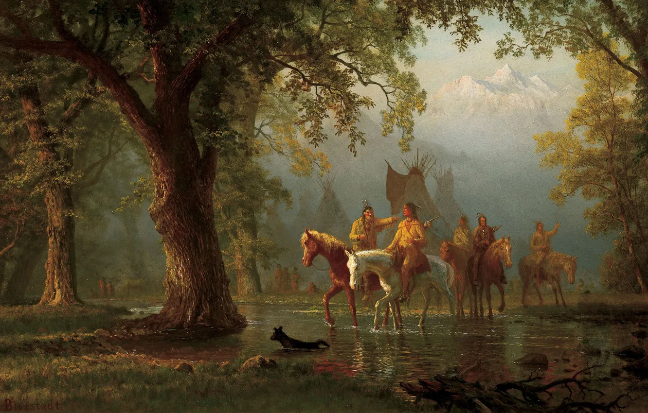 Photo wallpaper picture, painting, painting, Albert Bierstadt, Departure Indian War Party