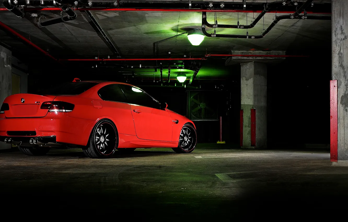 Photo wallpaper red, BMW, BMW, Parking, red, the rear part, E90