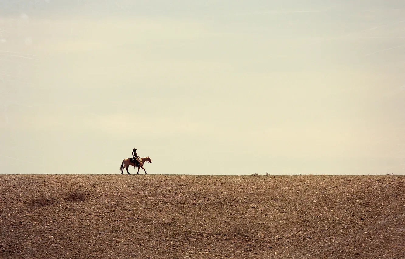 Photo wallpaper field, the sky, clouds, horse, line, horizon, cowboy, farm