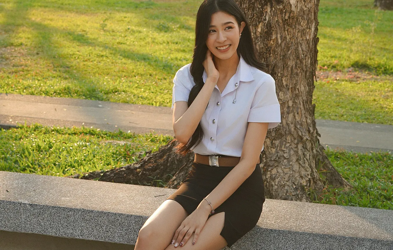 Photo wallpaper grass, woman, smile, beautiful, tree, evening, model, pretty