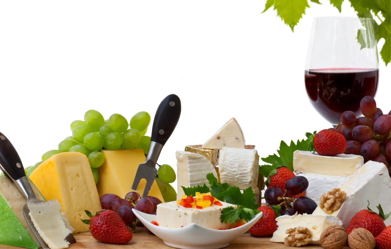 Photo wallpaper red, wine, glass, cheese, strawberry, grapes, walnuts