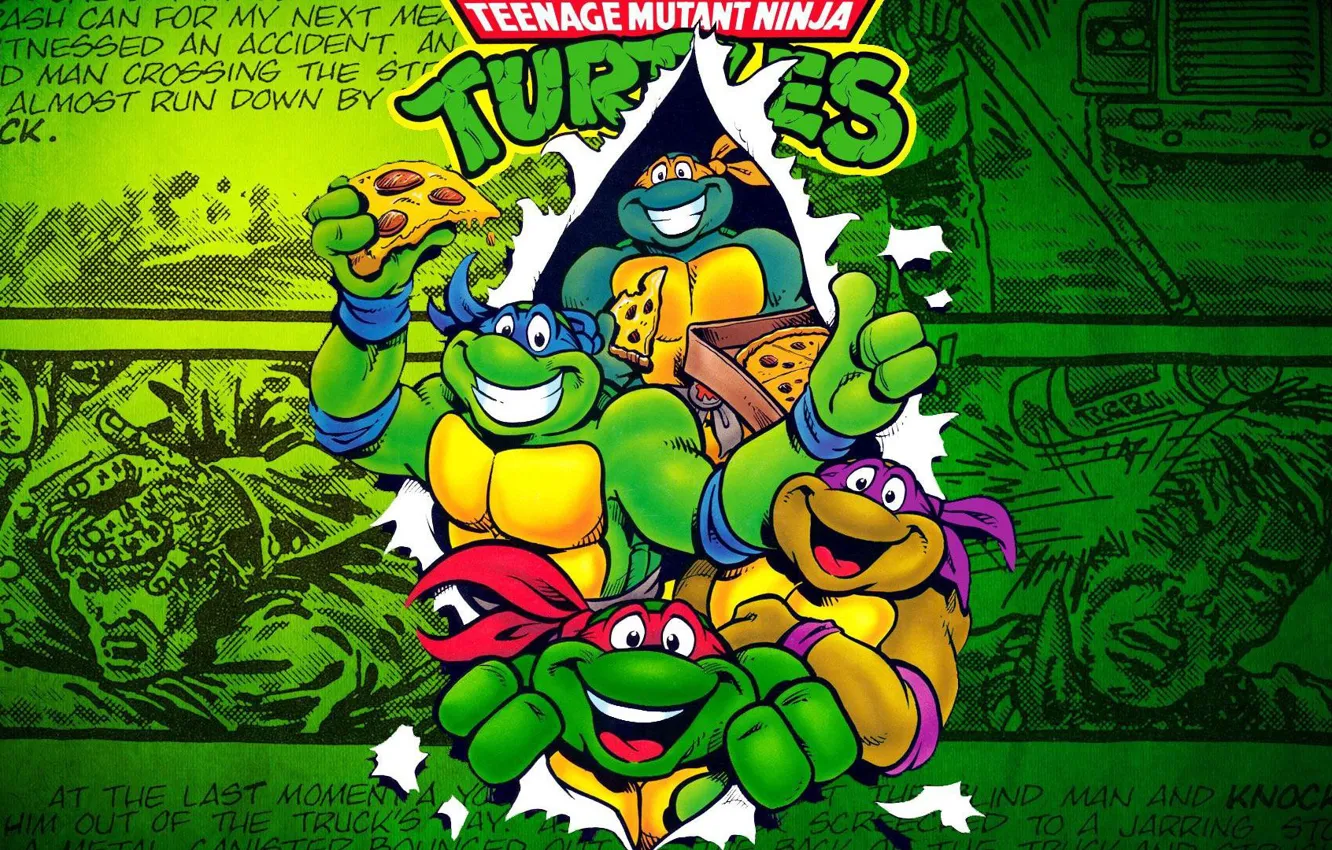 Photo wallpaper pizza, Donatello, Michelangelo, turtles, TMNT, comic, Leonardo, teenage mutant ninja turtles