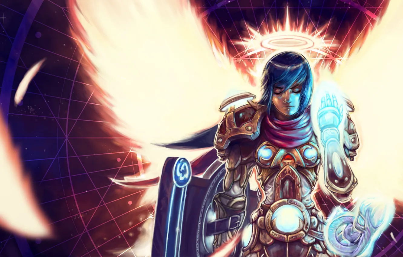 Photo wallpaper girl, weapons, magic, armor, gesture, halo, paladin