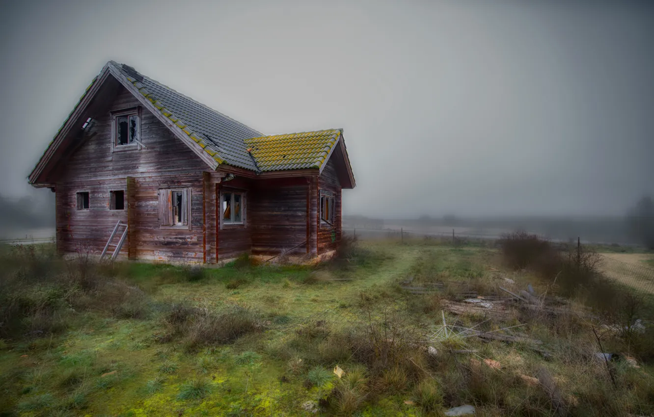 Photo wallpaper field, fog, house