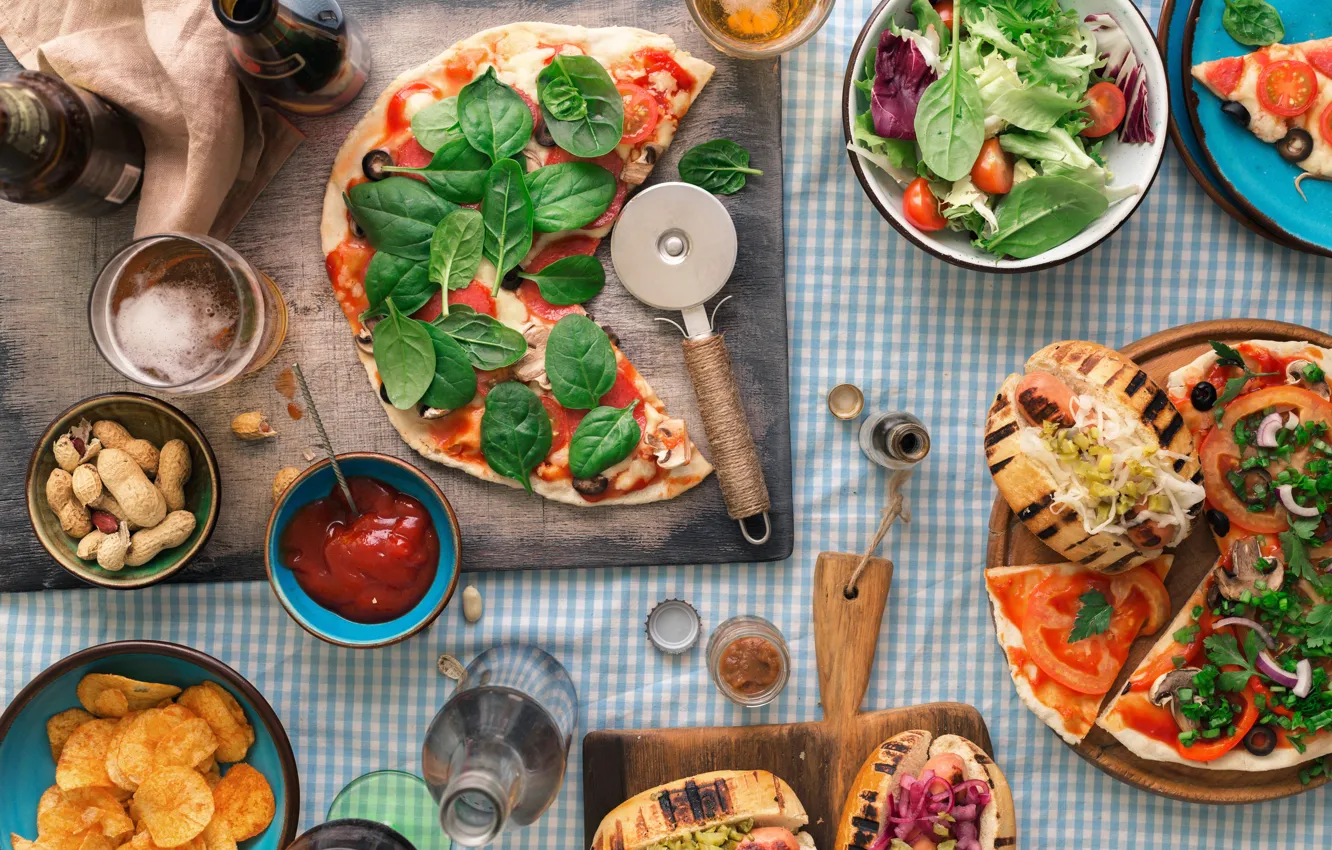 Photo wallpaper food, nuts, pizza, ketchup, chips, sandwiches, cutting Board, Basil