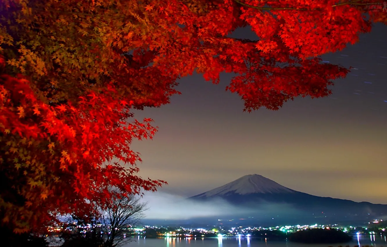 Photo wallpaper lights, the volcano, Japan, Fuji