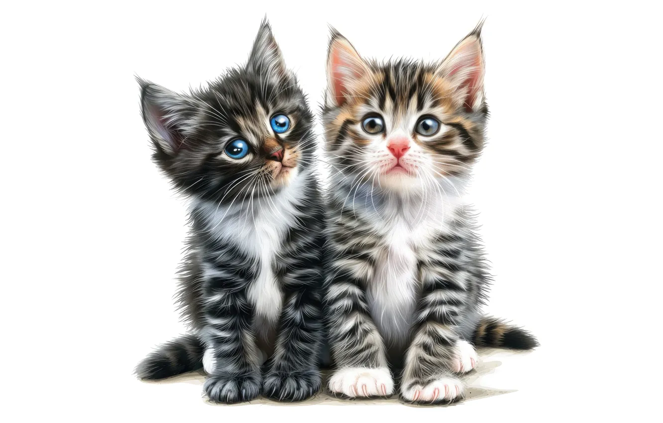 Photo wallpaper cat, look, pose, white background, kitty, face, a couple, Duo