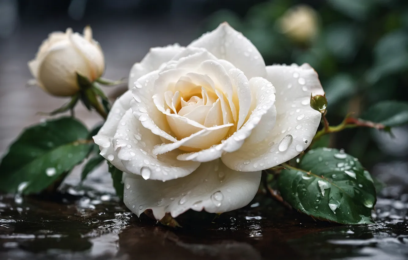 Photo wallpaper white, leaves, water, drops, macro, flowers, branches, rain