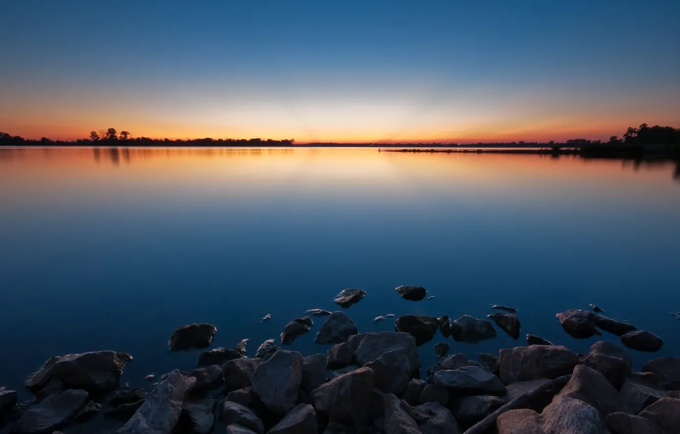 Photo wallpaper water, sunset, lake, Stones