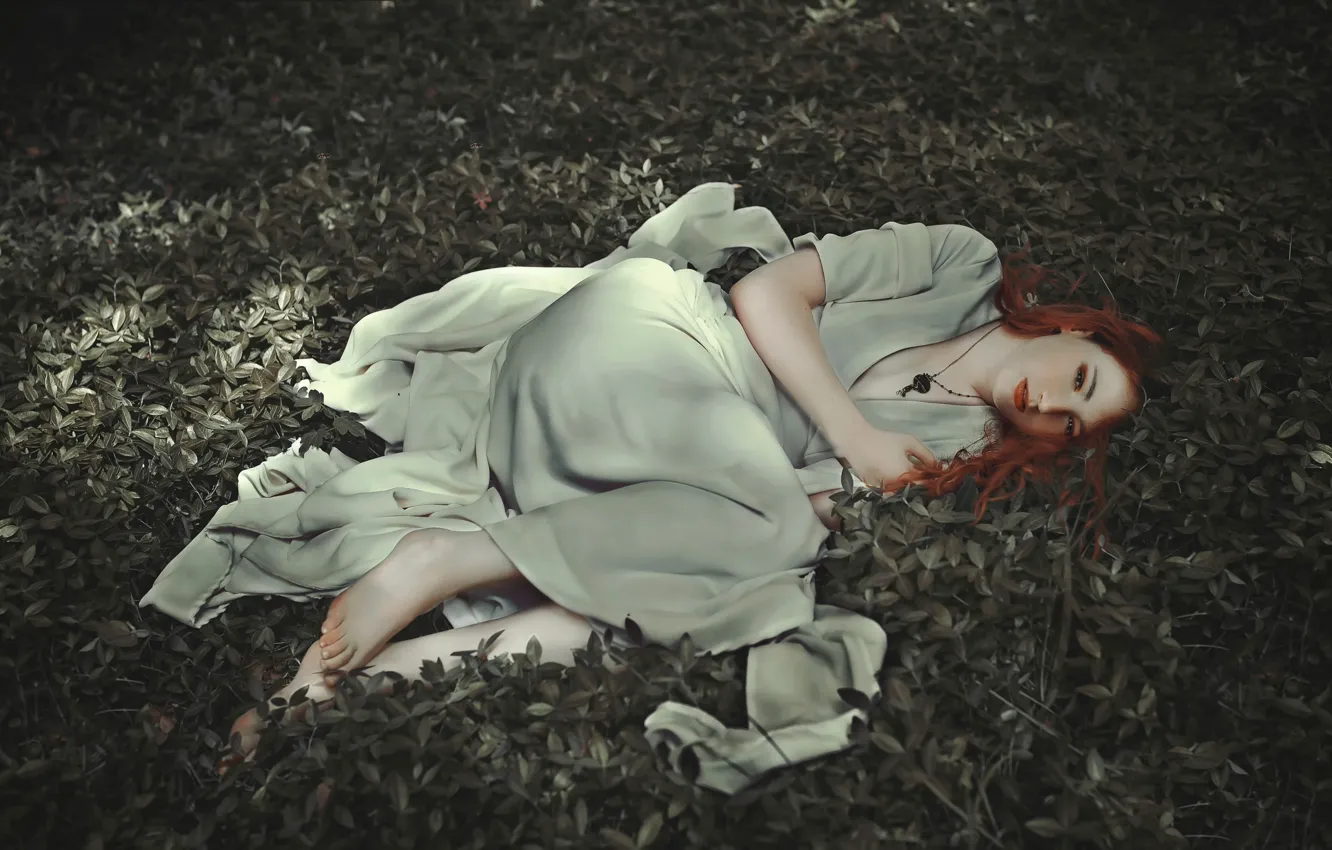 Photo wallpaper grass, stay, dress, the red-haired girl, Anaïs Popy, Lanivia
