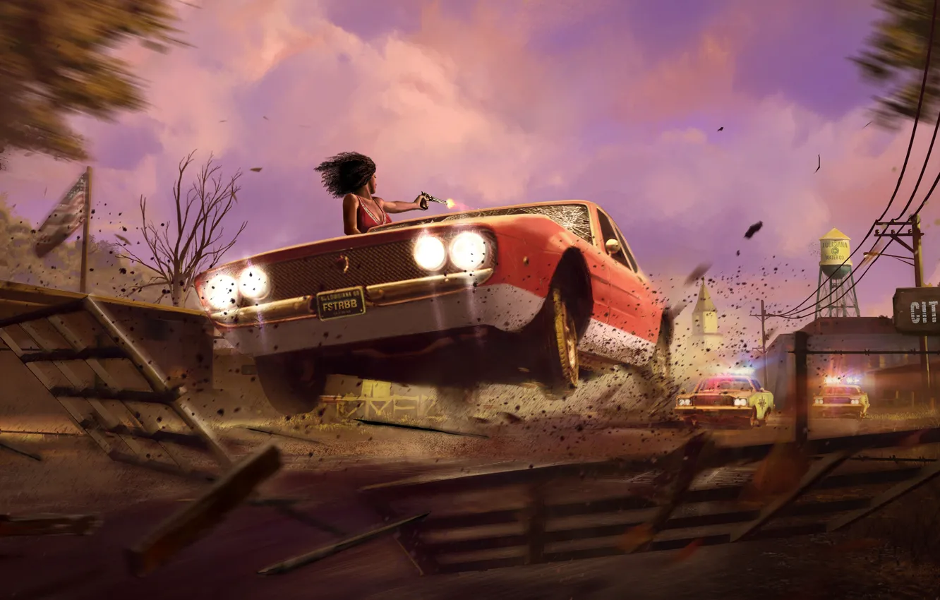 Photo wallpaper machine, the sky, girl, clouds, light, weapons, building, police