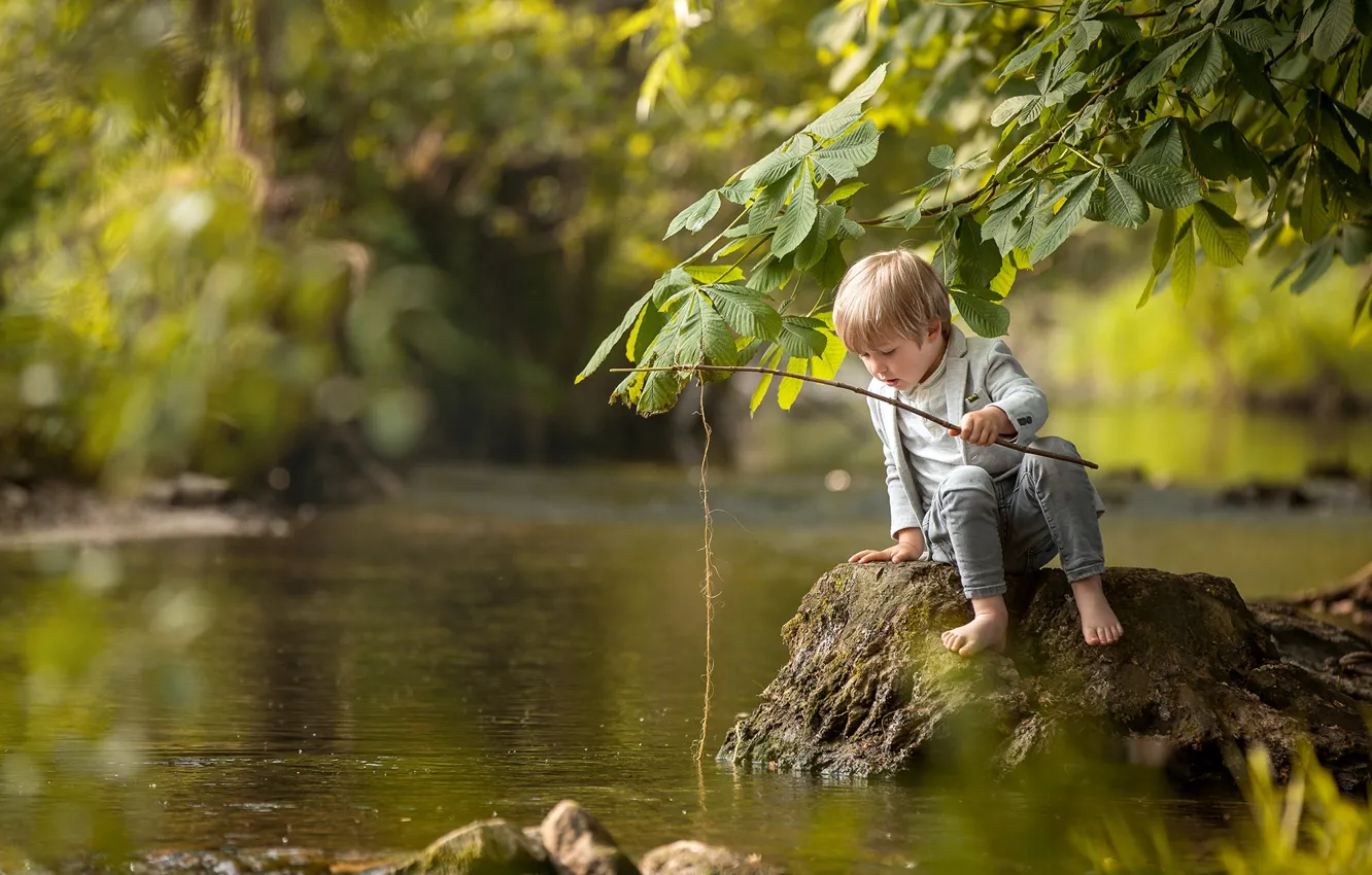 Photo wallpaper river, fishing, boy