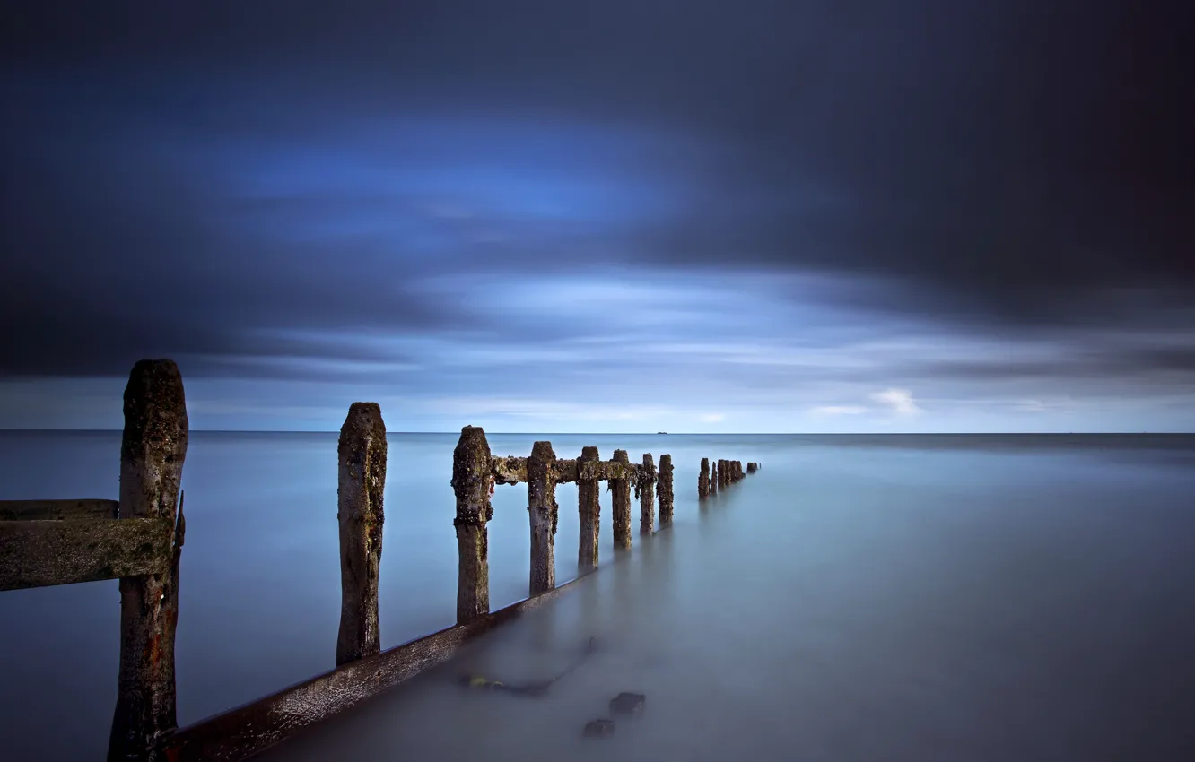 Photo wallpaper sea, the storm, the sky, clouds, blue, shore, support