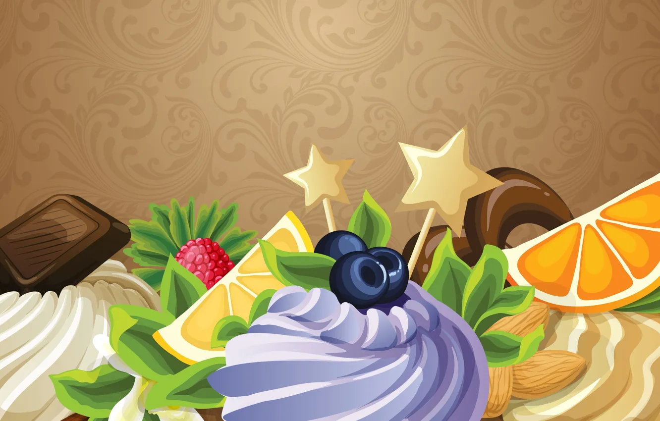 Photo wallpaper birthday, lemon, orange, chocolate, vector, nuts, cream, dessert