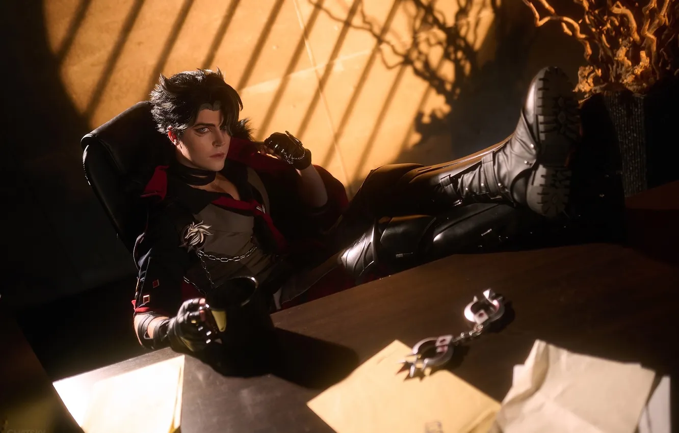 Photo wallpaper look, table, Cup, guy, office, handcuffs, cosplay, cosplay
