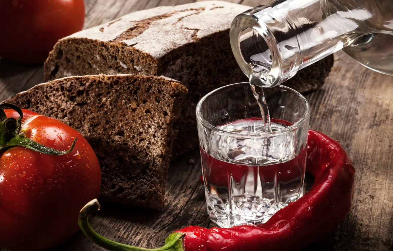 Photo wallpaper red, table, Board, bottle, bread, pepper, stack, vodka