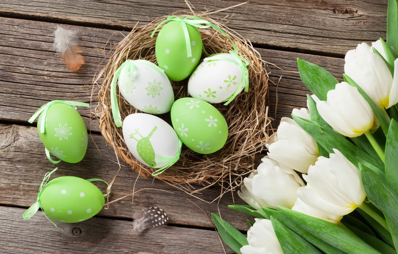 Photo wallpaper flowers, eggs, spring, colorful, Easter, tulips, wood, flowers