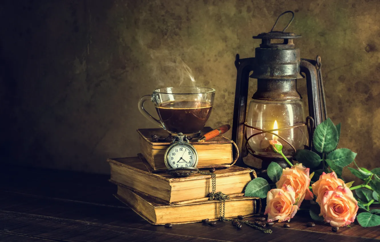 Photo wallpaper flowers, style, retro, books, lamp, roses, Cup, vintage