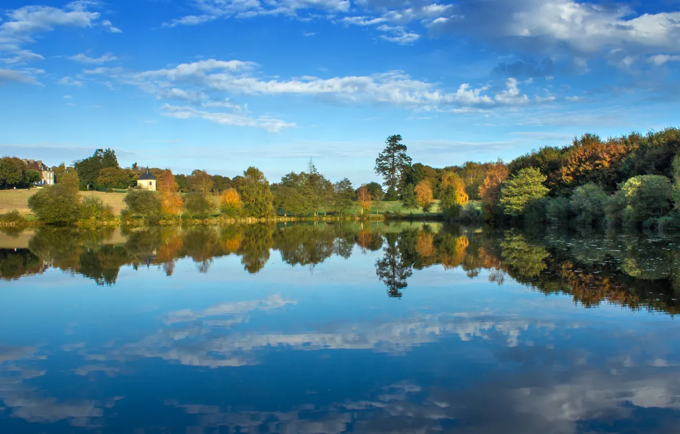 Photo wallpaper autumn, forest, clouds, lake, reflection, blue, shore, view