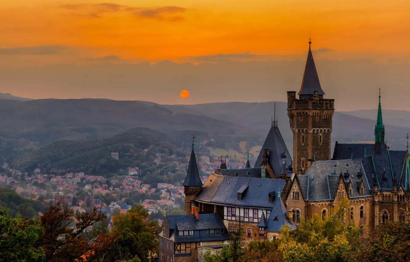 Photo wallpaper sunset, castle, Germany, panorama, Wernigerode, Wernigerode Castle