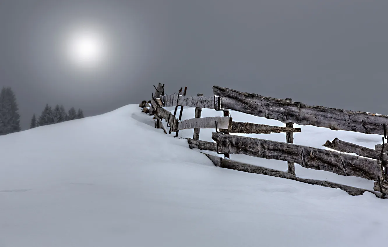 Photo wallpaper snow, night, the fence