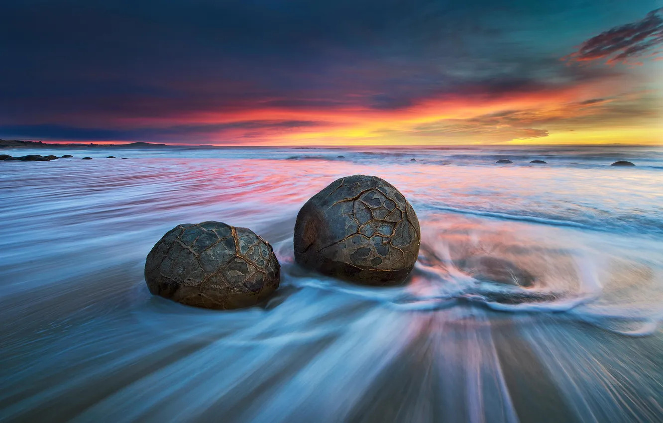 Photo wallpaper sea, beach, stones, dawn