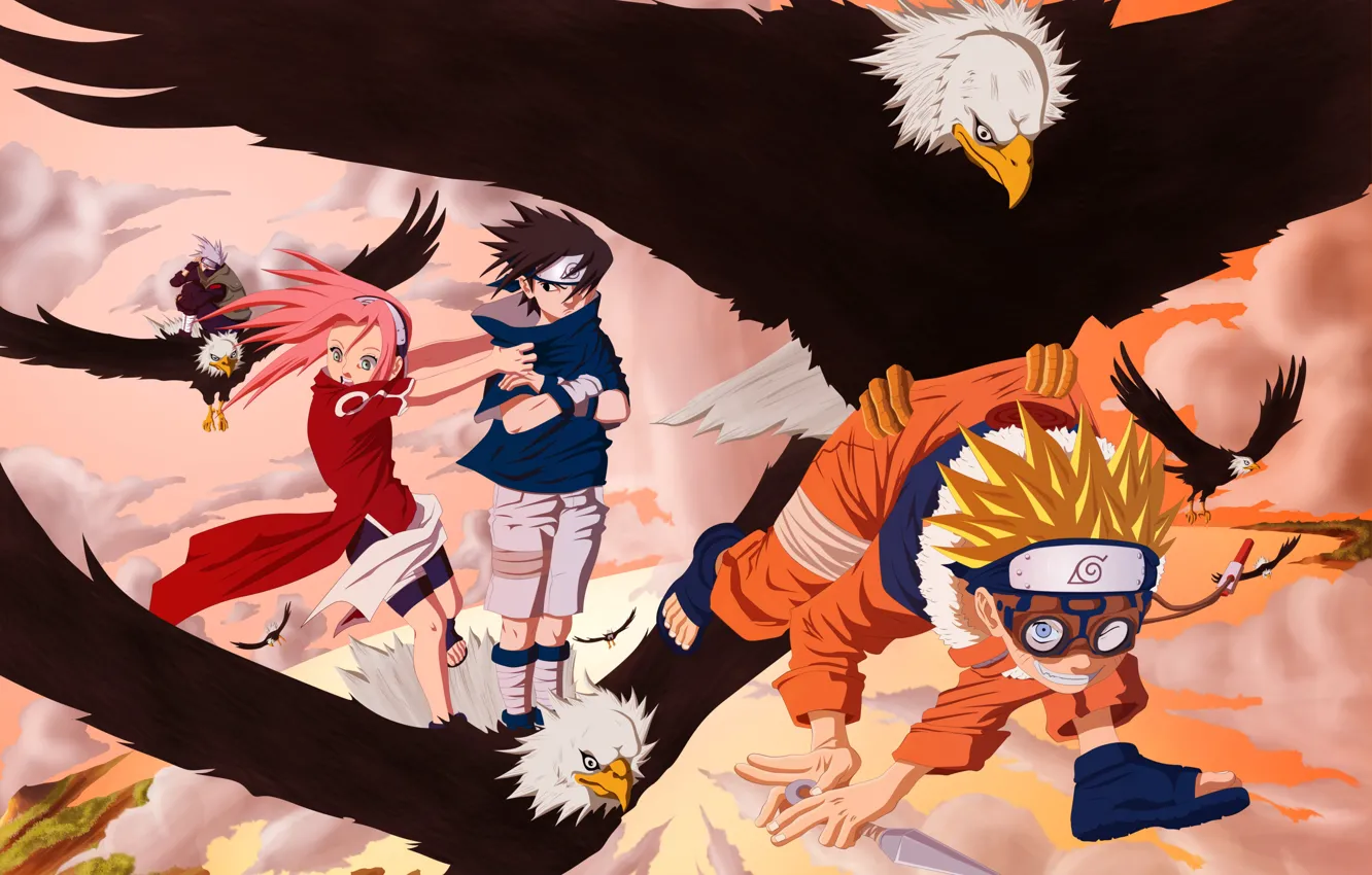 Photo wallpaper Naruto, anime, eagle, ninja, team 7, Uchiha Sasuke, shinobi, japanese