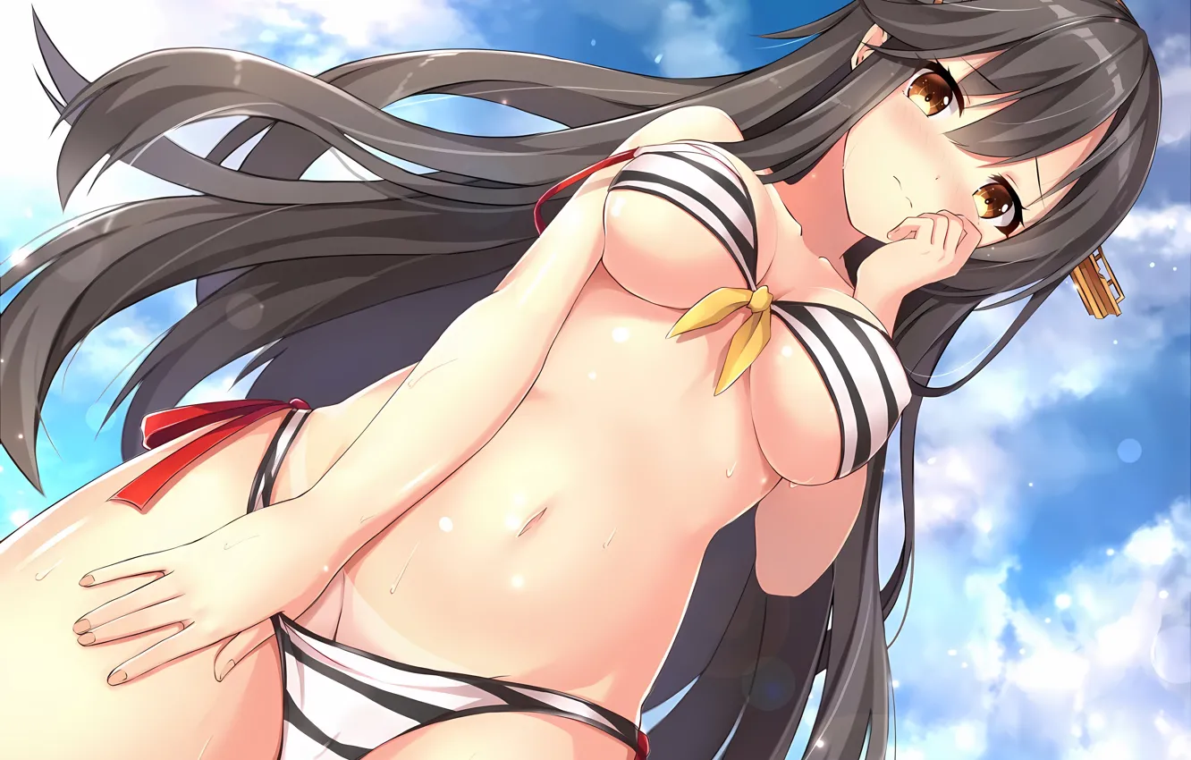 Photo wallpaper girl, sexy, wet, cleavage, sky, long hair, brown hair, boobs