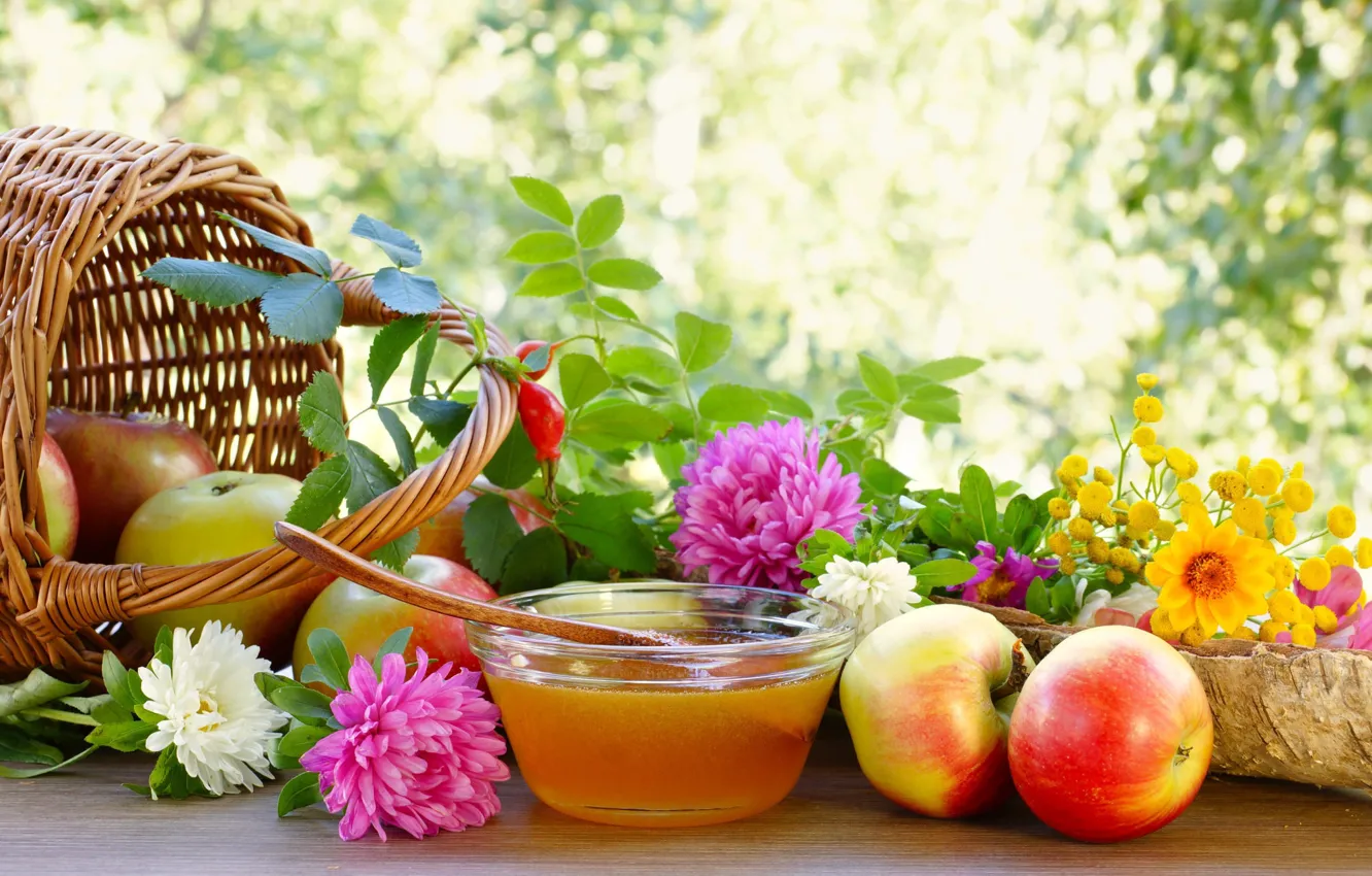 Photo wallpaper flowers, basket, apples, honey, asters