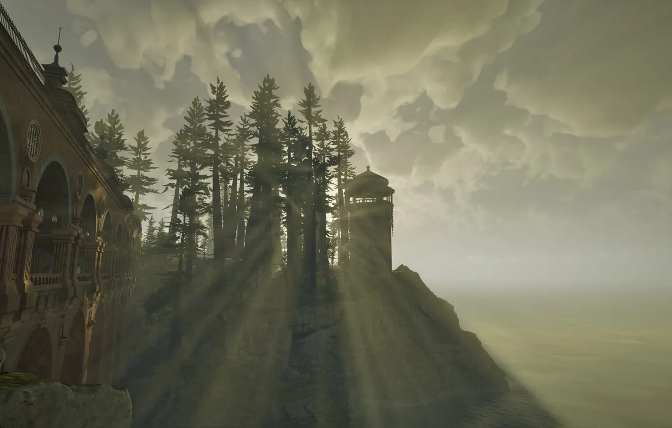 Photo wallpaper bridge, dawn, coast, the game, adventure, Avowed