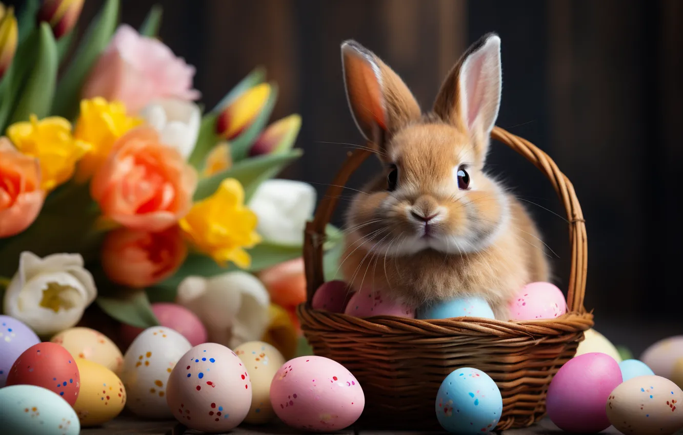 Photo wallpaper flowers, the dark background, Board, hare, eggs, bouquet, spring, rabbit