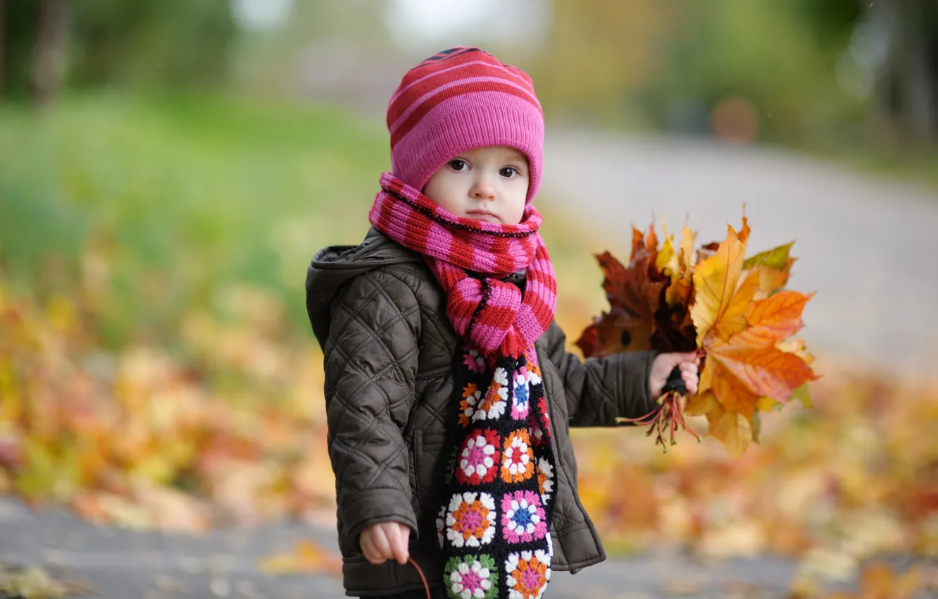 Photo wallpaper autumn, leaves, children, childhood, child, blur, boy, autumn