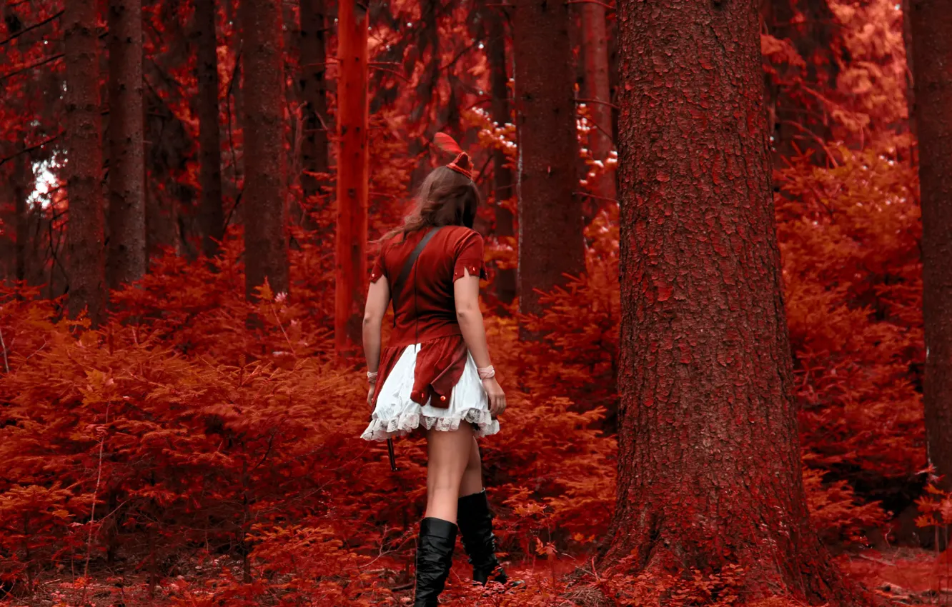 Photo wallpaper girl, red, in red, cap, red forest
