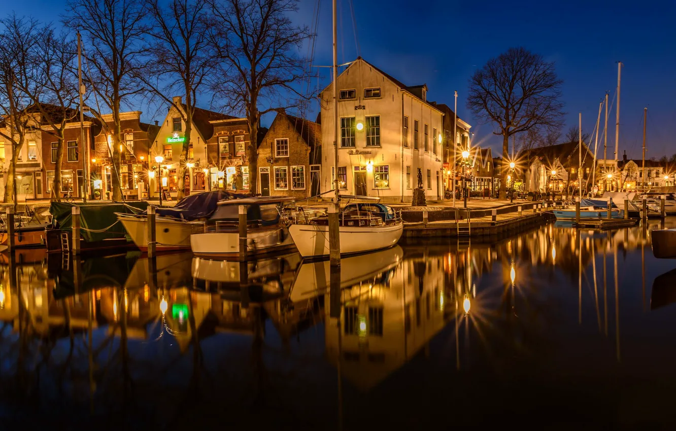 Photo wallpaper night, lights, boat, home, Netherlands, harbour, Middelharnis