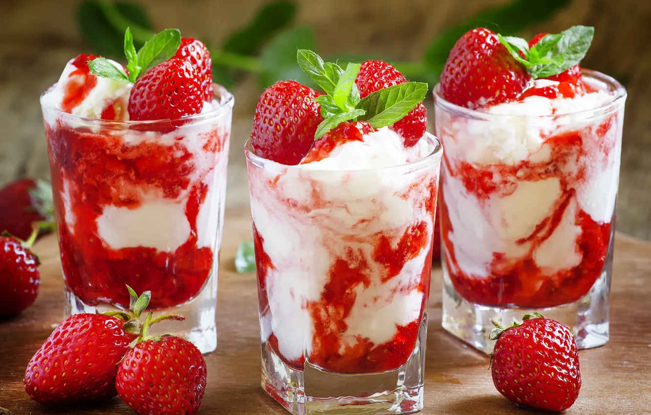 Photo wallpaper berries, strawberry, ice cream, mint, dessert