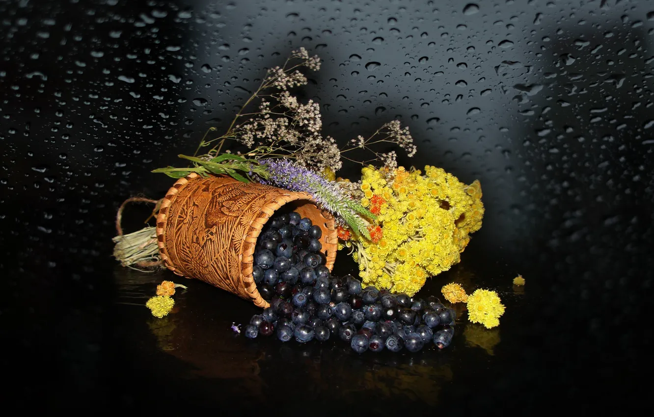 Photo wallpaper blueberries, berry, the dried flowers, Still life, photo Elena Anikina