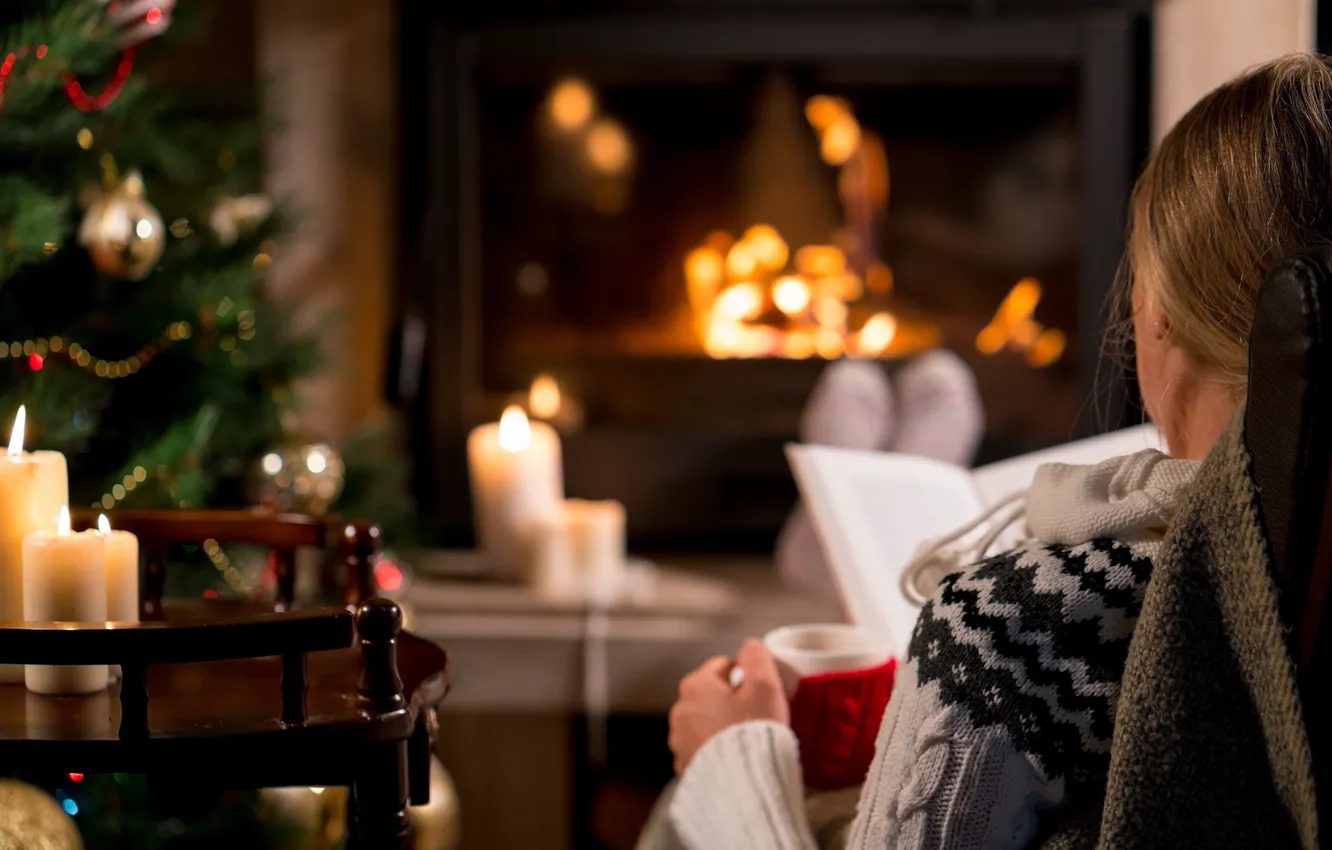 Photo wallpaper comfort, mood, stay, woman, tree, candles, New Year, Cup