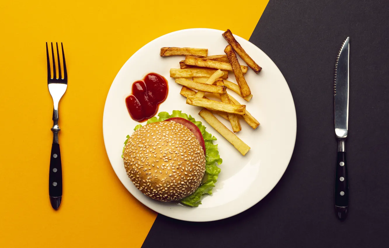 Photo wallpaper photo, Hamburger, Knife, Plate, Plug, Food, Fast food, Ketchup