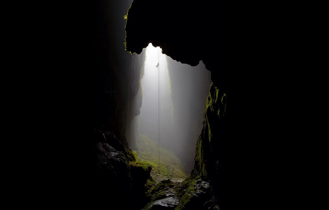 Photo wallpaper light, sport, rock, photo, man, scenery, cave, rope