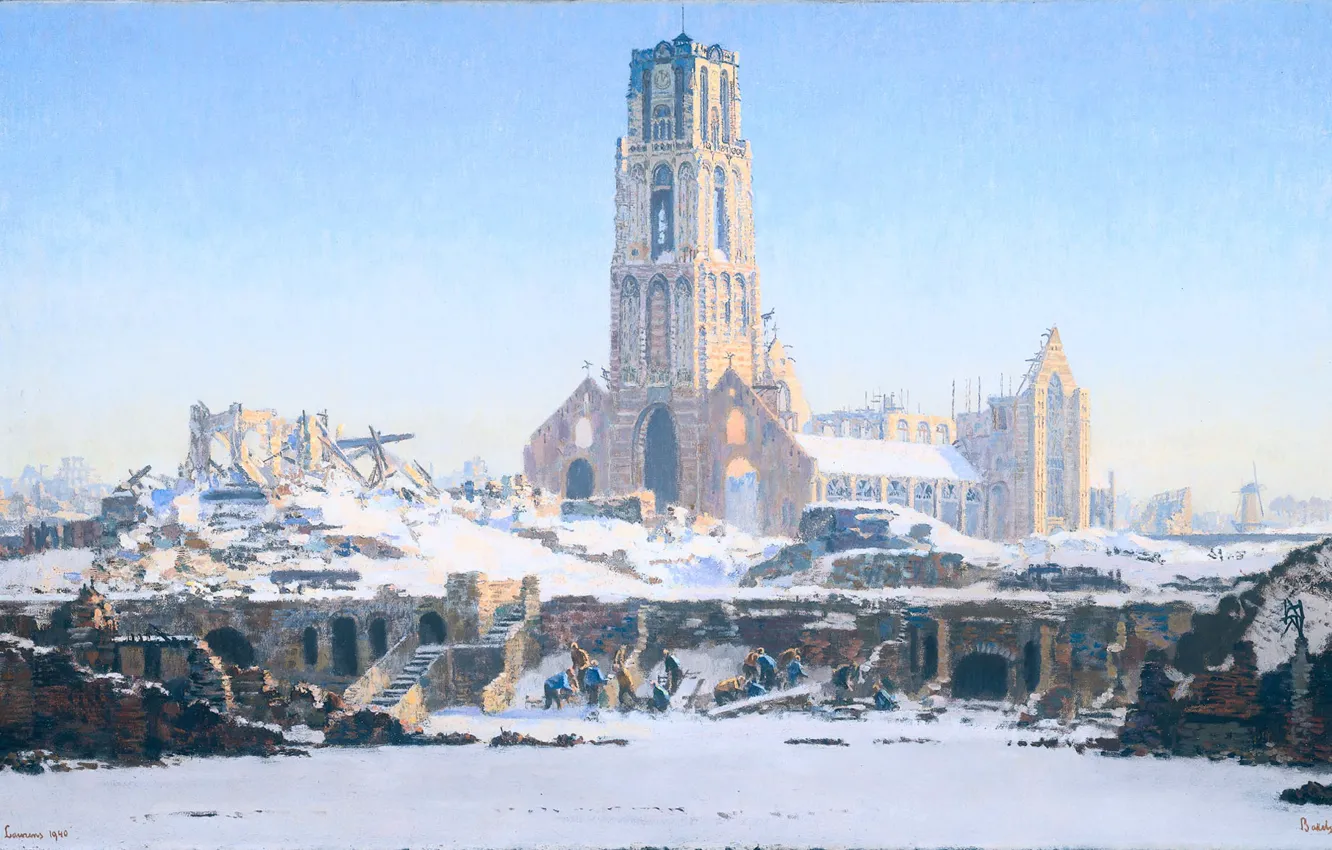 Photo wallpaper landscape, oil, picture, canvas, 1940, The Church of Laurens in Rotterdam. Winter, Reinier Sybrand Bakels