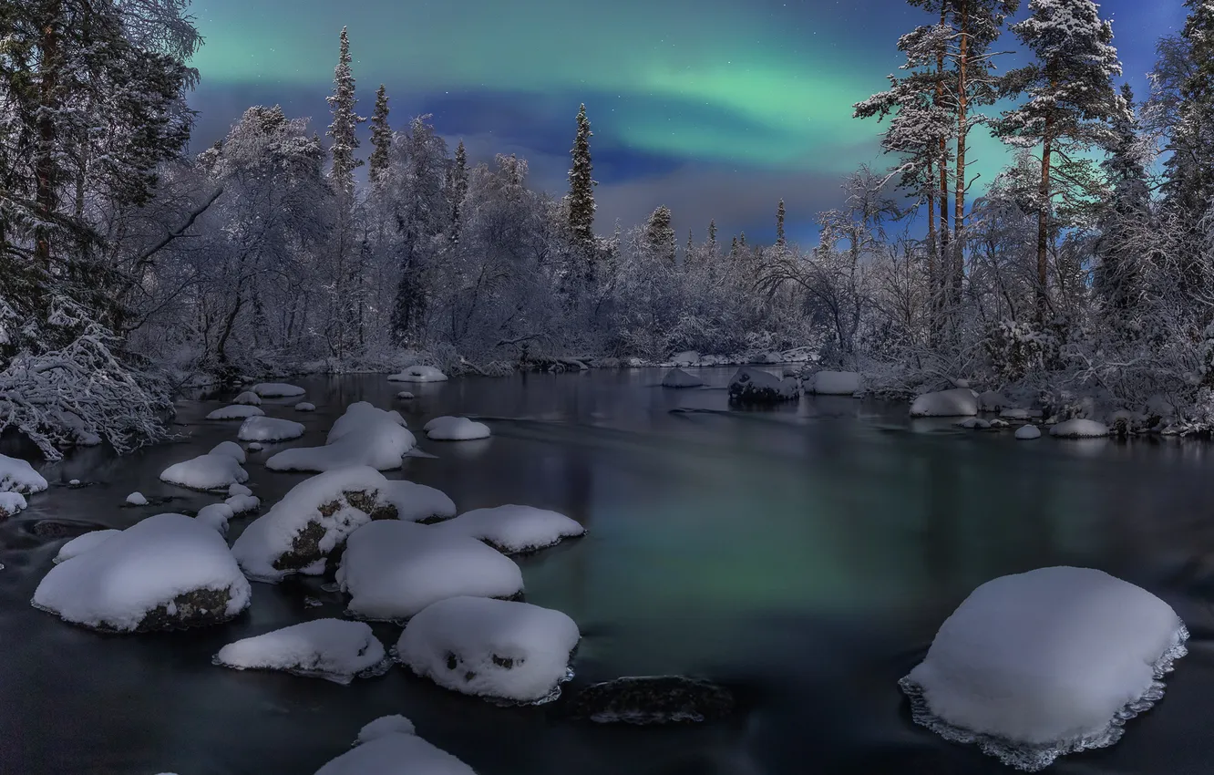 Photo wallpaper winter, forest, snow, trees, river, Northern lights, Russia, The Kola Peninsula