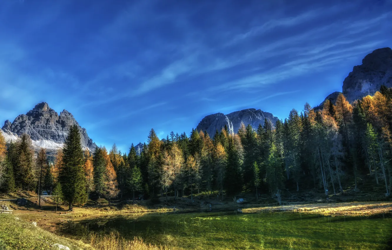 Photo wallpaper autumn, forest, clouds, mountains, blue