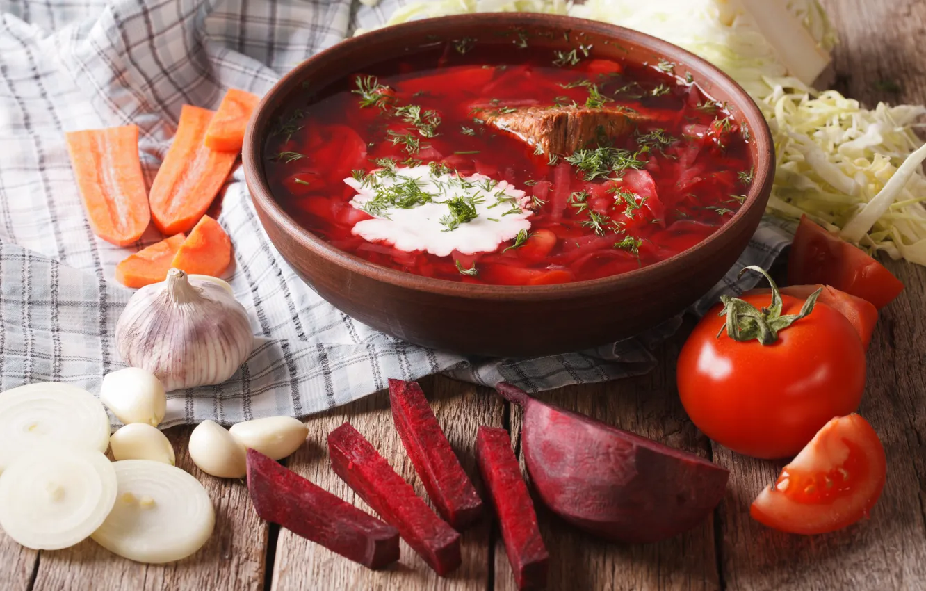 Photo wallpaper bow, soup, meat, vegetables, carrots, soup, tomatoes, meat
