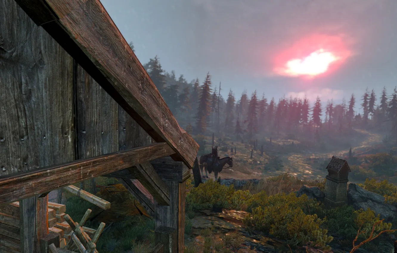 Photo wallpaper Rain, The wicther 3, Geralt from Rivia, Crimson sunset