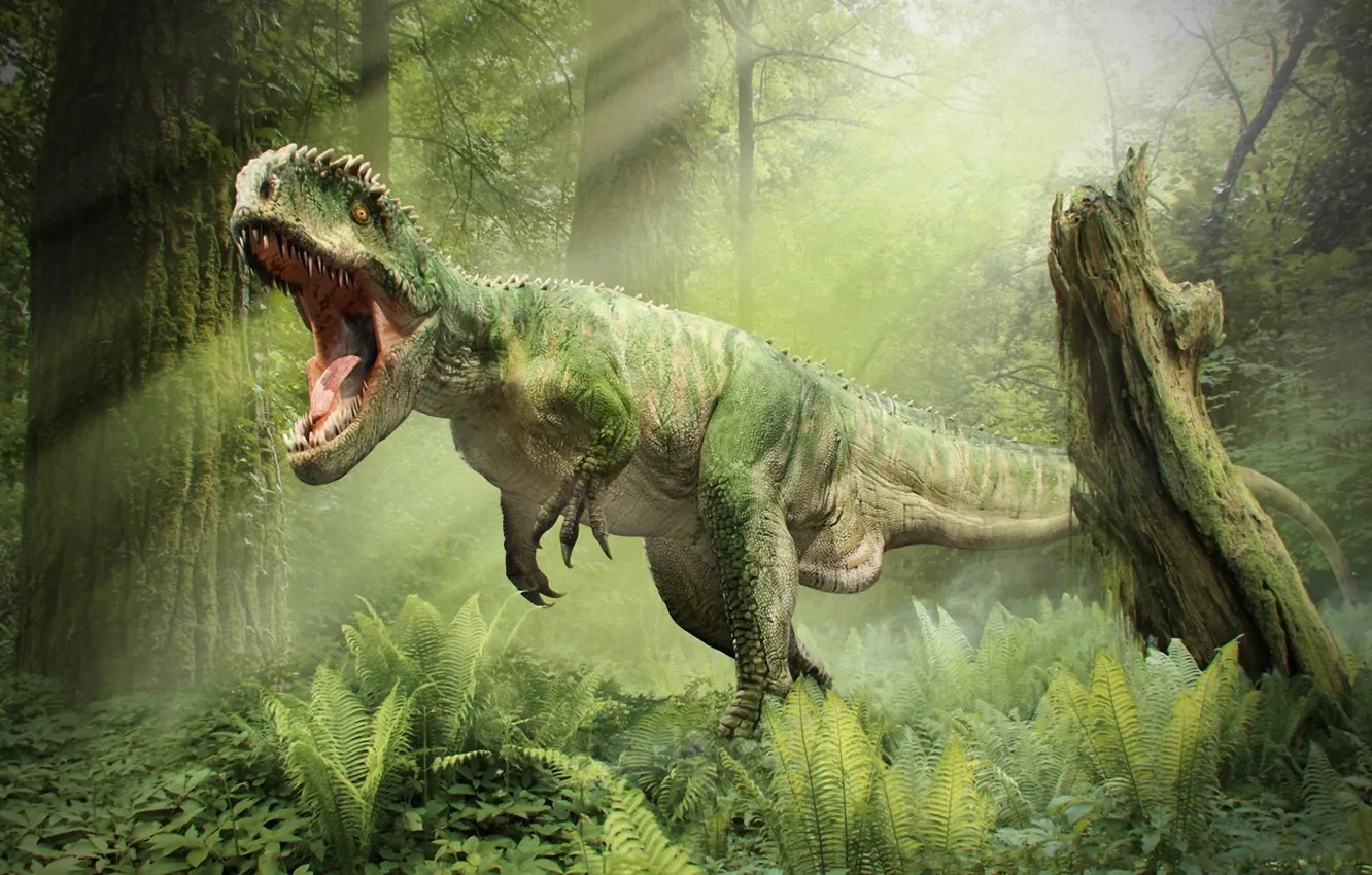 Photo wallpaper forest, dinosaur, mouth, roar, T-Rex, Tyrannosaurus
