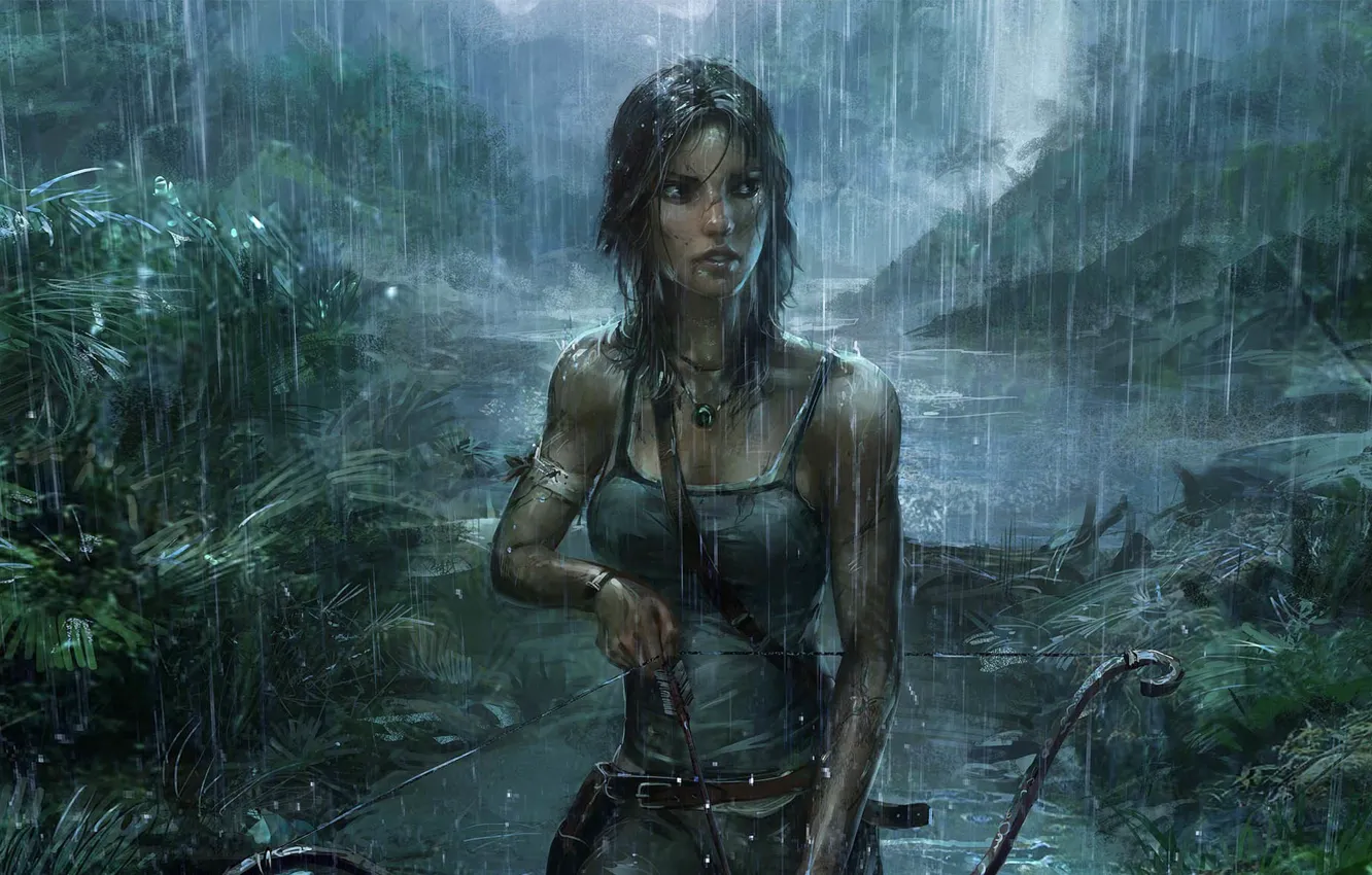 Photo wallpaper Girl, Rain, Bow, Tomb Raider, Jungle, Art, Lara Croft