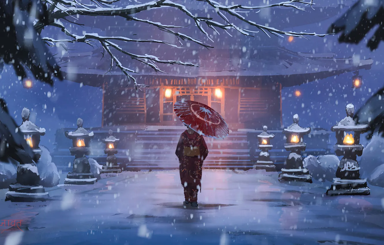 Photo wallpaper winter, temple, winter, temple, tree branches, light lantern, girl with umbrella, a solitary figure