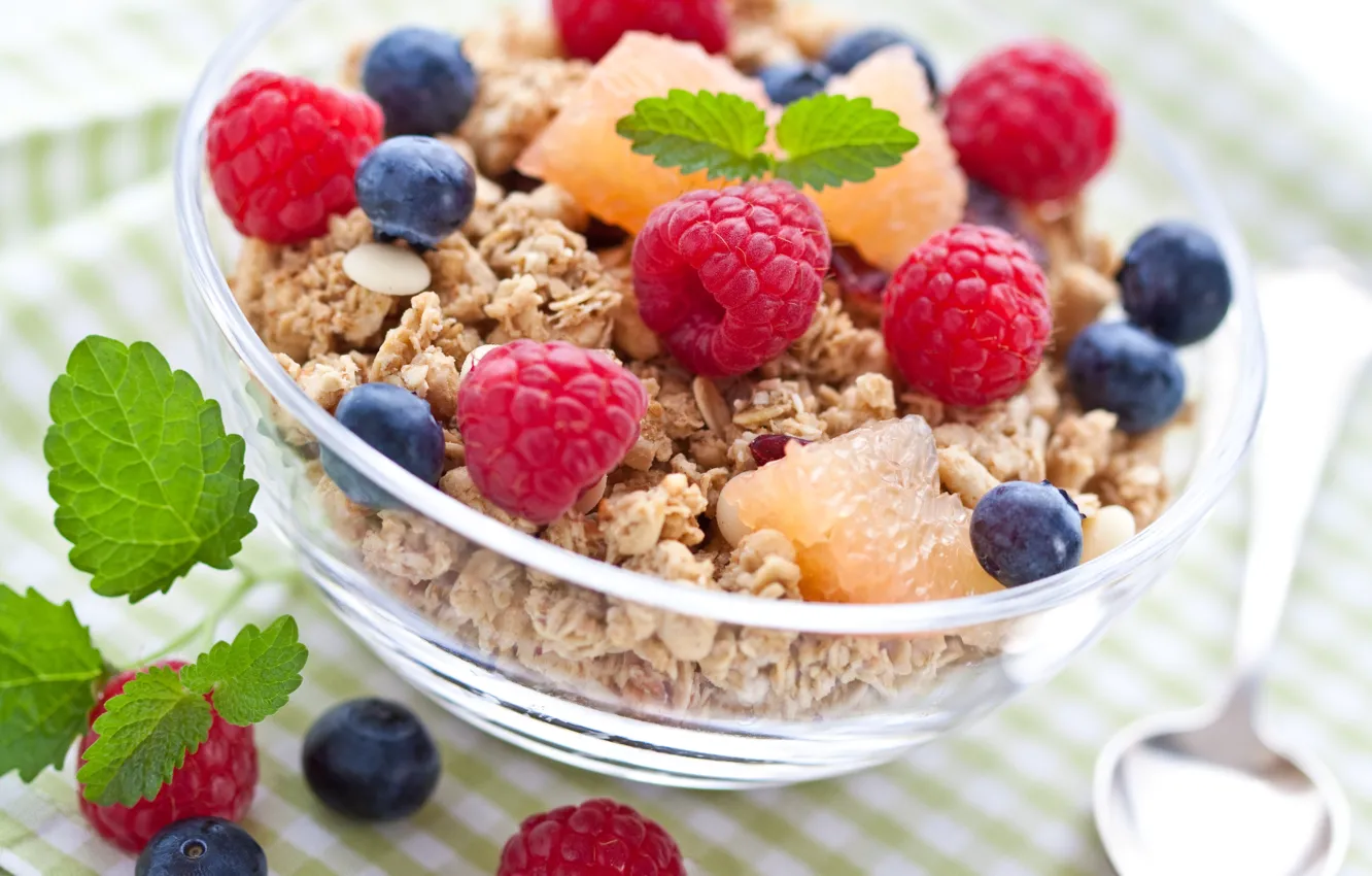 Photo wallpaper raspberry, Breakfast, blueberries, mint, cereal