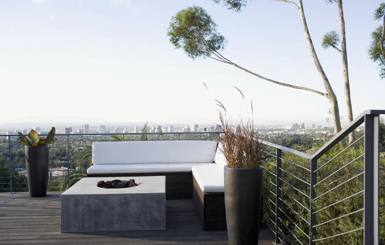 Photo wallpaper the sky, trees, branches, design, sofa, view, interior, balcony